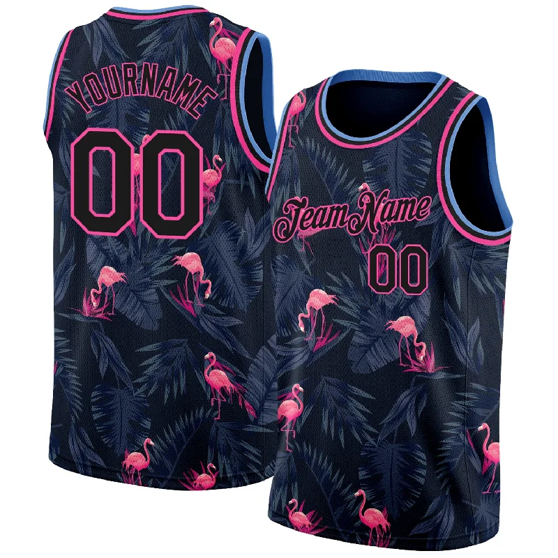 Basketball Jersey With Oversized Fit-Custom Black Pink-Light Blue 3D Pattern Design Flamingo Authentic Basketball Jersey