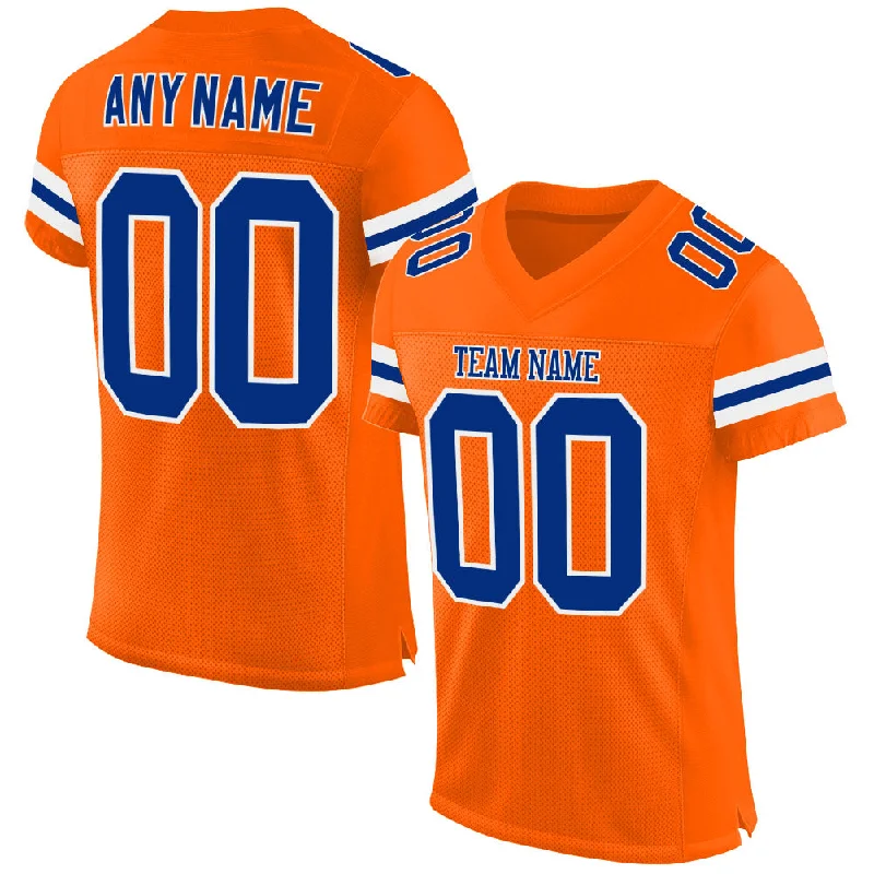 Football Jersey With Glow-In-The-Dark Print-Custom Orange Royal-White Mesh Authentic Football Jersey