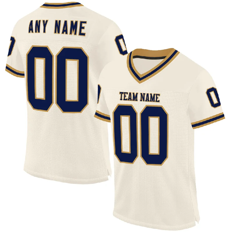 Football Jersey With Laser-Cut Perforations-Custom Cream Navy-Old Gold Mesh Authentic Throwback Football Jersey