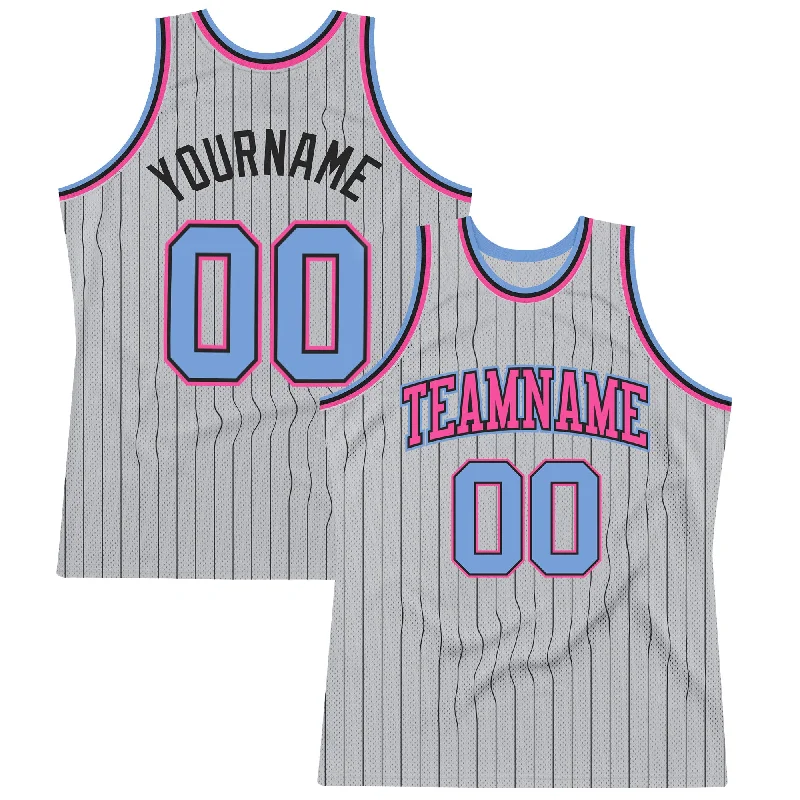 Basketball Jersey With Recycled Polyester-Custom Gray Black Pinstripe Light Blue-Pink Authentic Basketball Jersey