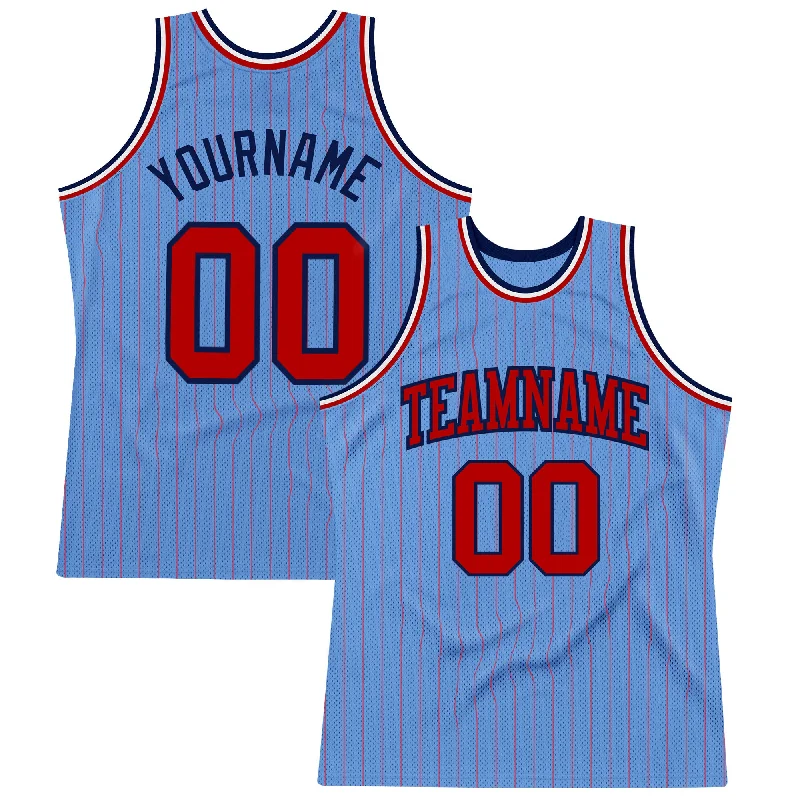 Basketball Jersey With Ultra-Lightweight Feel-Custom Light Blue Red Pinstripe Red-Navy Authentic Basketball Jersey