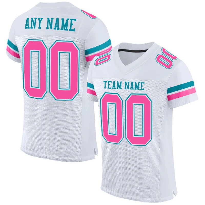 Football Jersey With College Team Logos-Custom White Pink-Teal Mesh Authentic Football Jersey