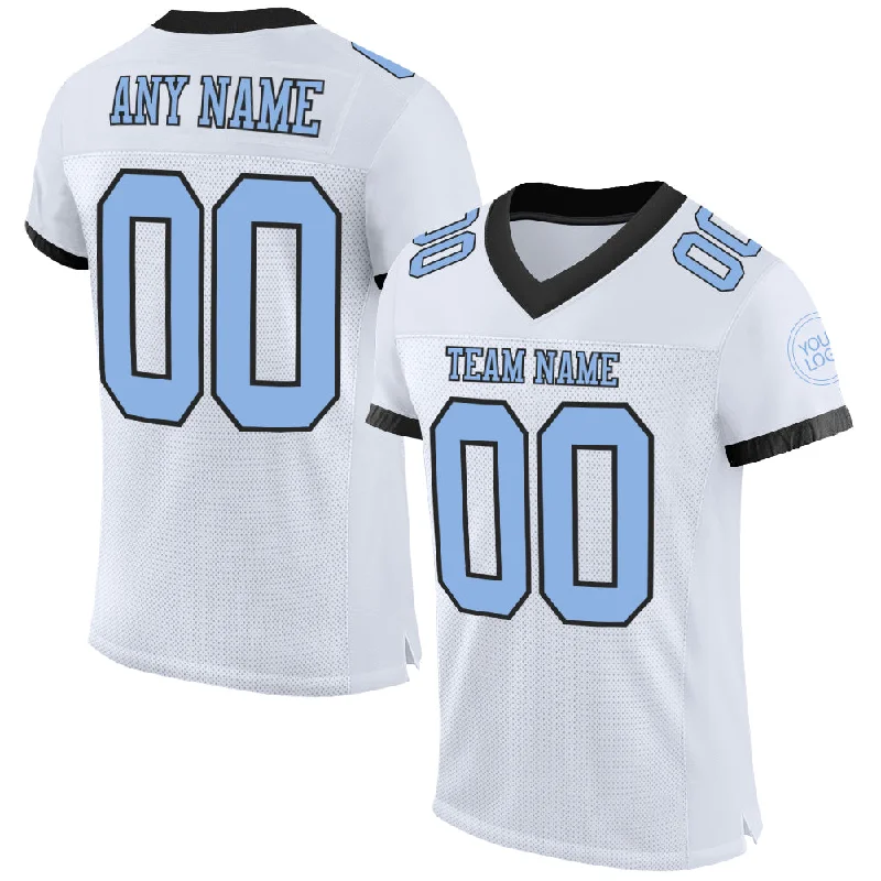 Football Jersey With High-End Materials-Custom White Light Blue-Black Mesh Authentic Football Jersey