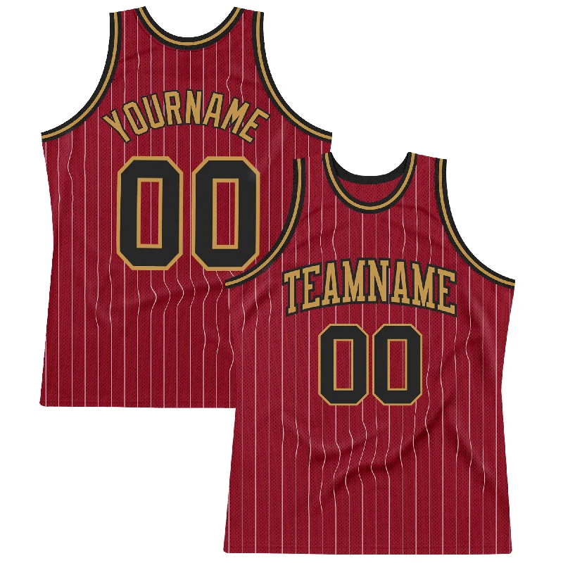 Basketball Jersey With Patches-Custom Maroon White Pinstripe Black-Old Gold Authentic Basketball Jersey