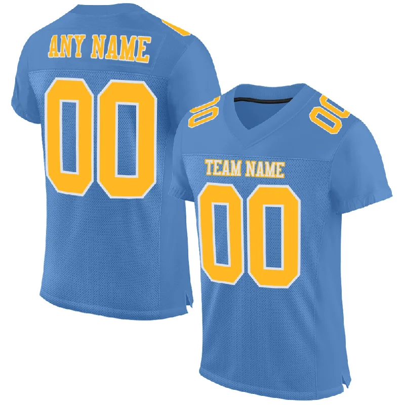 Football Jersey With Tournament Logo-Custom Light Blue Gold-White Mesh Authentic Football Jersey