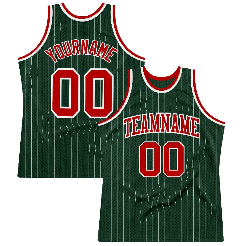 Basketball Jersey For Game Day-Custom Hunter Green White Pinstripe Red Authentic Basketball Jersey