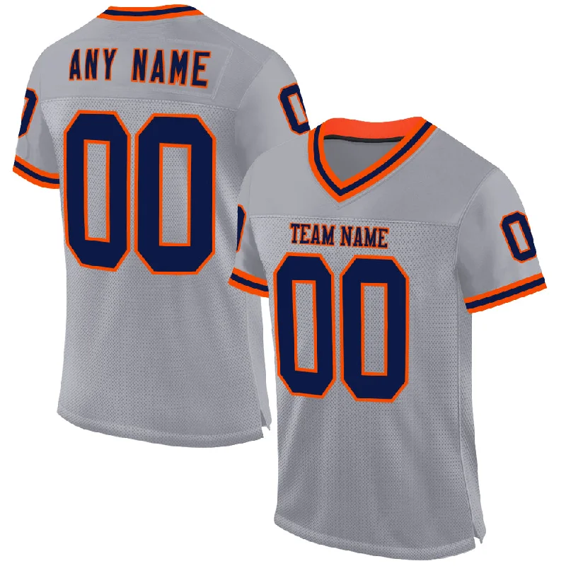 Football Jersey With Round Neck-Custom Gray Navy-Orange Mesh Authentic Throwback Football Jersey