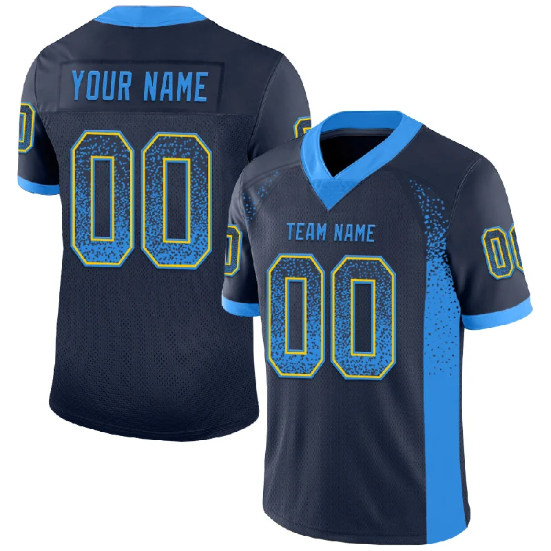 Football Jersey With Bold Graphic Print-Custom Navy Powder Blue-Yellow Mesh Drift Fashion Football Jersey