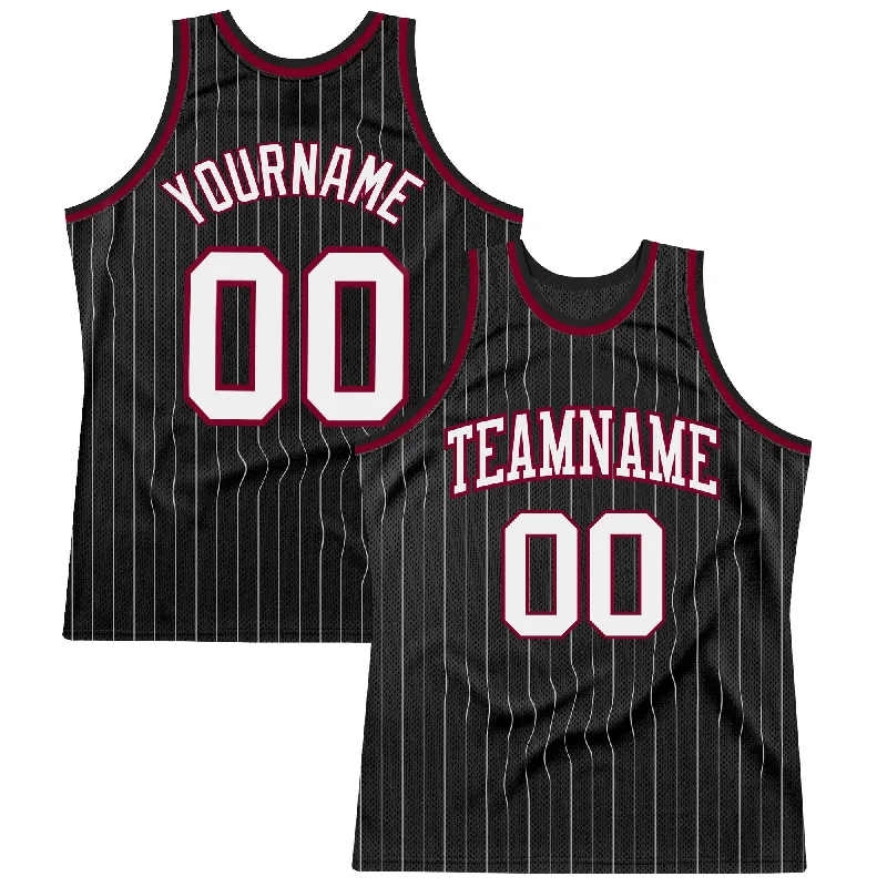 Basketball Jersey With Premium Stitching-Custom Black White Pinstripe White-Maroon Authentic Basketball Jersey