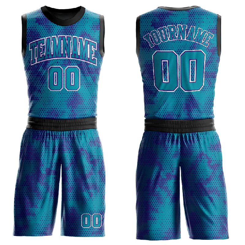 Basketball Jersey For Short Players-Custom Teal Purple-White Round Neck Sublimation Basketball Suit Jersey