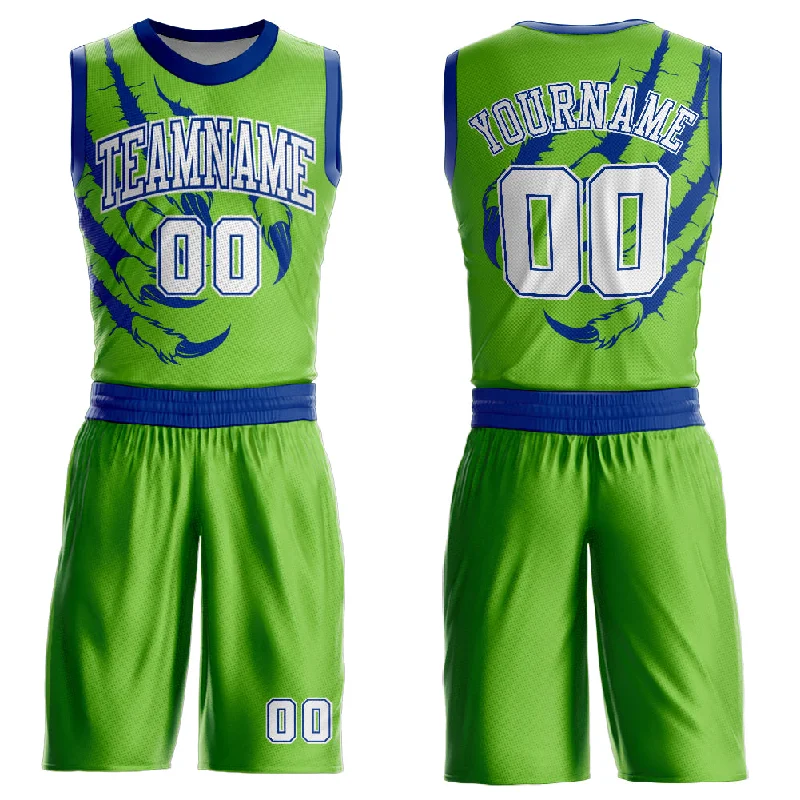 Basketball Jersey With High-Tech Material-Custom Neon Green White-Royal Animals Claws Round Neck Sublimation Basketball Suit Jersey