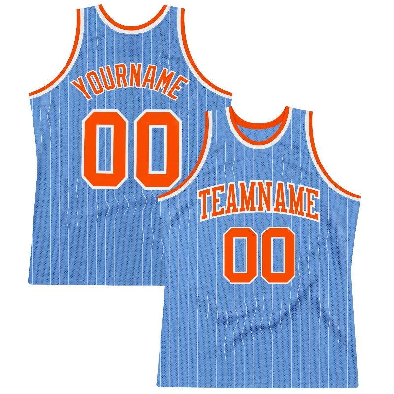 Basketball Jersey With Compression Fit-Custom Light Blue White Pinstripe Orange Authentic Basketball Jersey