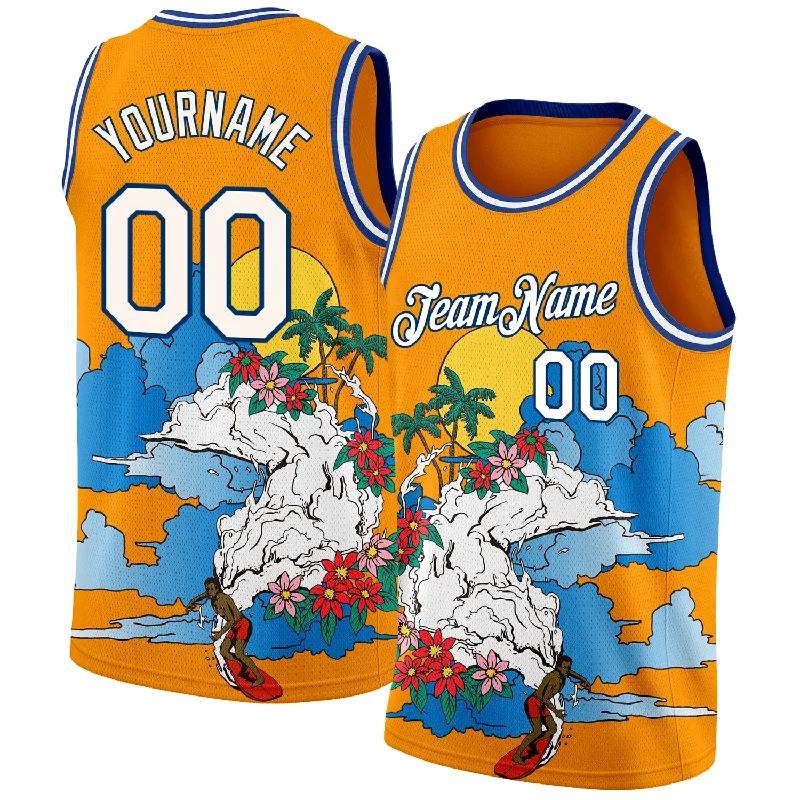 Basketball Jersey With Side Slits-Custom Bay Orange White-Royal 3D Pattern Tropical Beach Hawaii Palm Trees Authentic Basketball Jersey