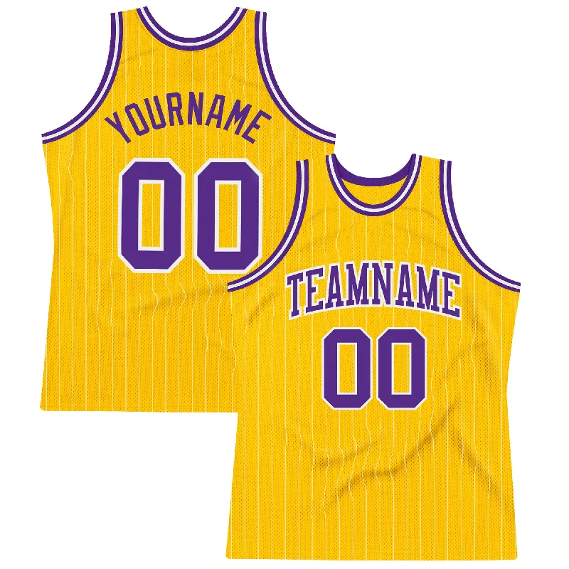 Basketball Jersey For Practice-Custom Gold White Pinstripe Purple Authentic Basketball Jersey