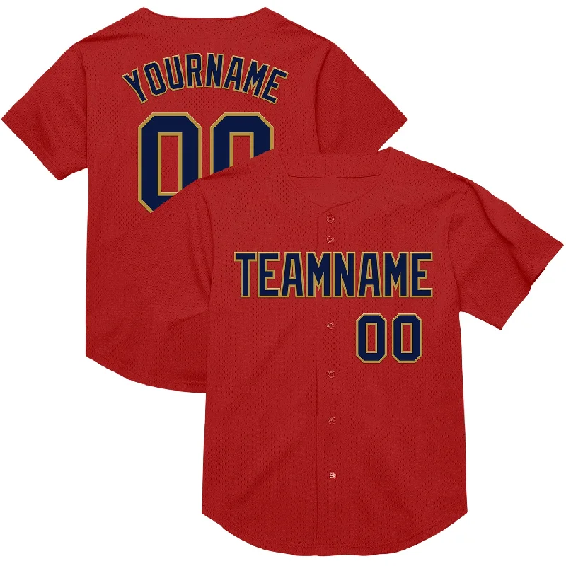 Baseball Jersey For Little League-Custom Red Navy-Old Gold Mesh Authentic Throwback Baseball Jersey