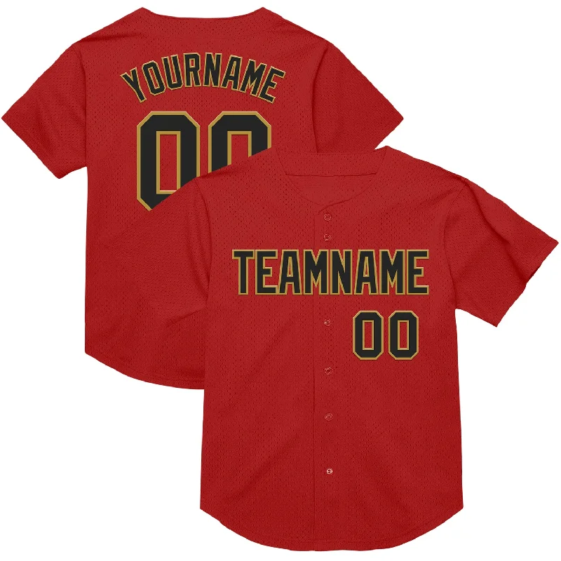 Baseball Jersey For Softball-Custom Red Black-Old Gold Mesh Authentic Throwback Baseball Jersey