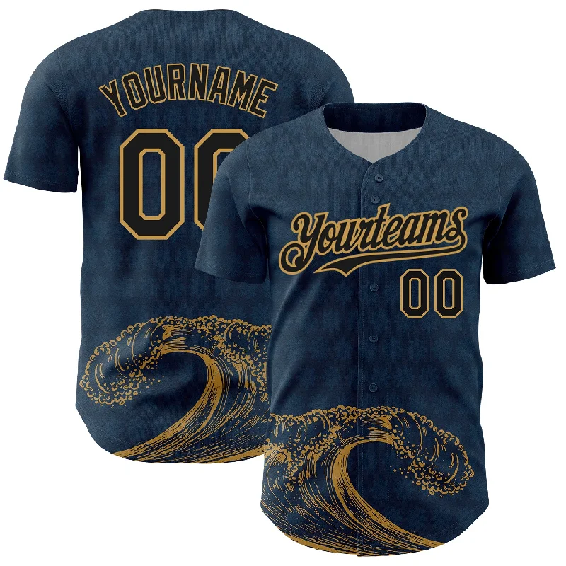 Baseball Jersey For Sports Fans-Custom US Navy Blue Black-Old Gold 3D Pattern Design Wave Authentic Baseball Jersey