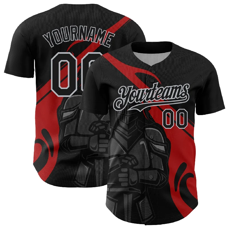 Baseball Jersey With Reinforced Seams-Custom Black Red-Gray 3D Pattern Design Knight Hero Art Authentic Baseball Jersey