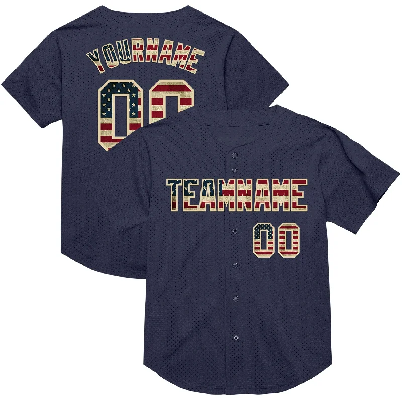 Baseball Jersey With Camo Print-Custom Navy Vintage USA Flag-Cream Mesh Authentic Throwback Baseball Jersey