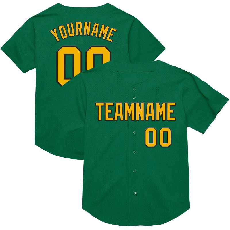 Baseball Jersey With Classic Pinstripes-Custom Kelly Green Gold-Black Mesh Authentic Throwback Baseball Jersey