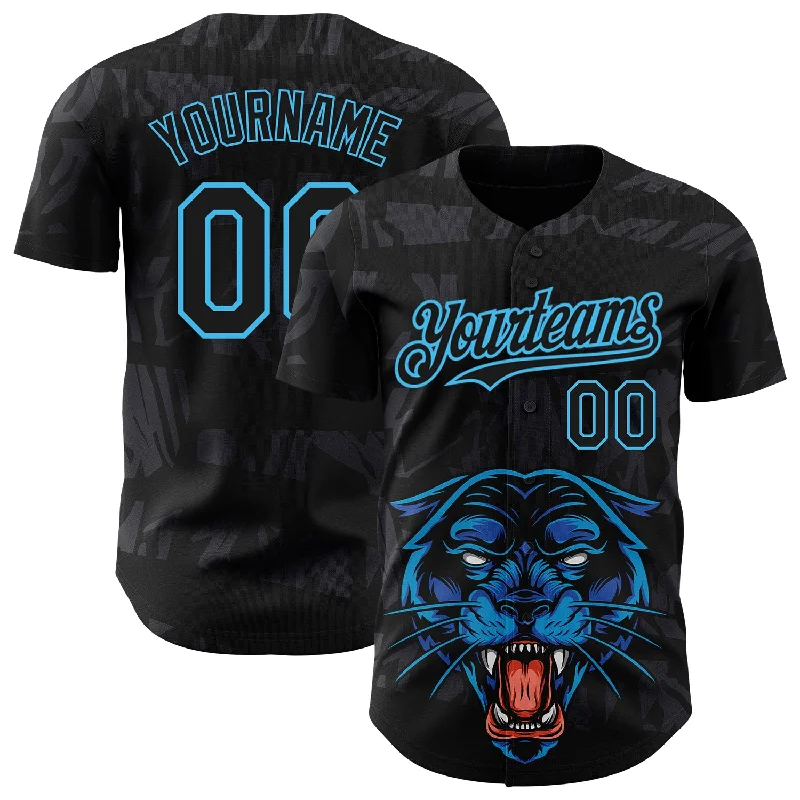 Baseball Jersey With Neon Colors-Custom Black Sky Blue 3D Pattern Design Animal Panther Authentic Baseball Jersey