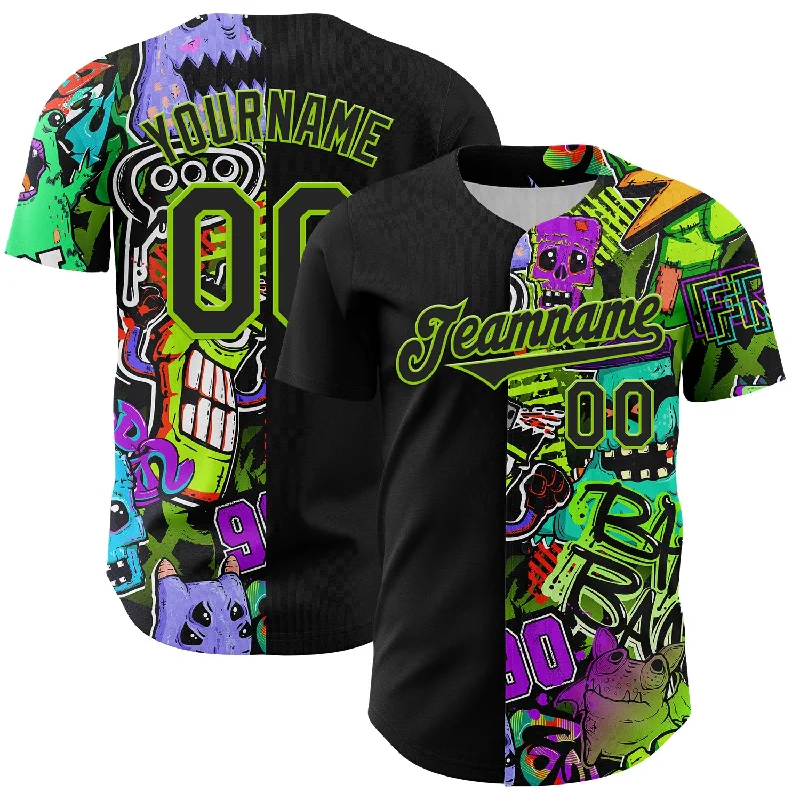 Baseball Jersey For Hot Weather-Custom Black Neon Green 3D Pattern Design Rave Monster Authentic Baseball Jersey