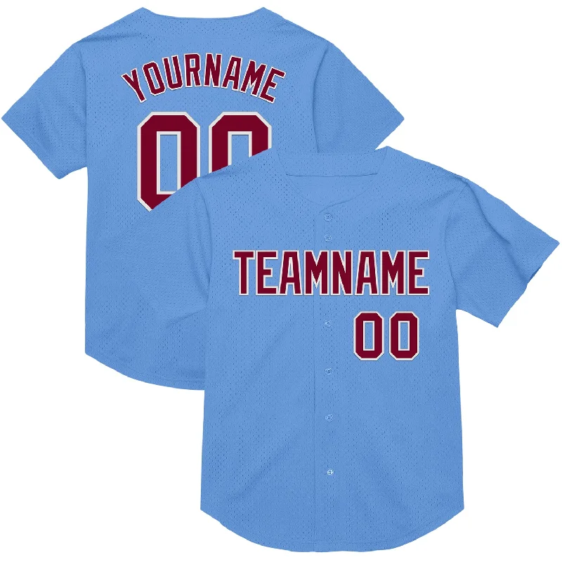 Baseball Jersey With Vintage Design-Custom Light Blue Maroon-White Mesh Authentic Throwback Baseball Jersey