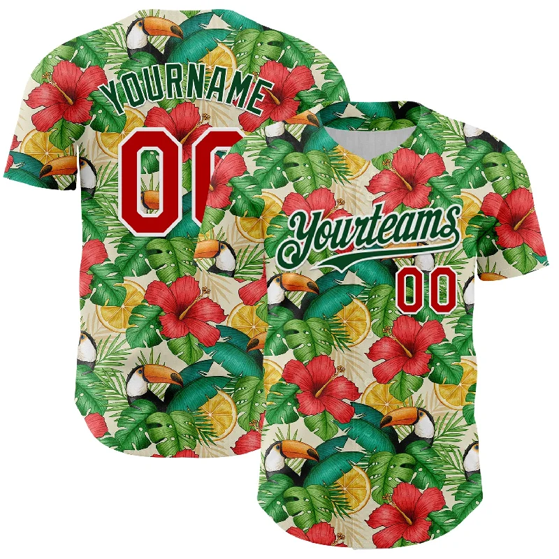 Baseball Jersey With Team Mascot-Custom White Red-Green 3D Pattern Design Tropical Plant And Bird Authentic Baseball Jersey