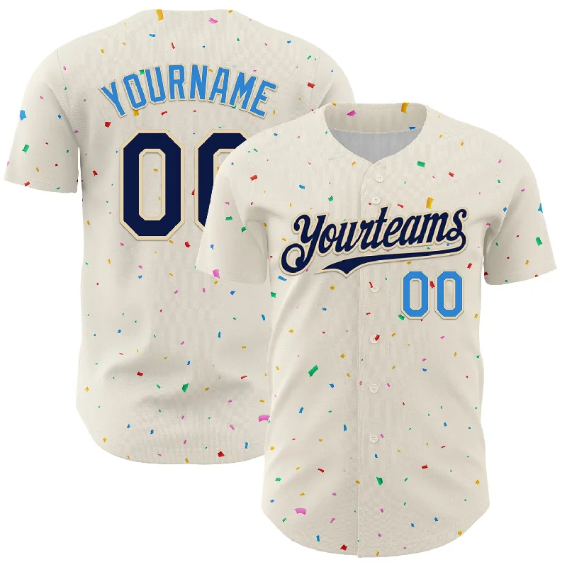 Baseball Jersey With Championship Edition-Custom Cream Navy-Electric Blue 3D Pattern Design Confetti Authentic Baseball Jersey