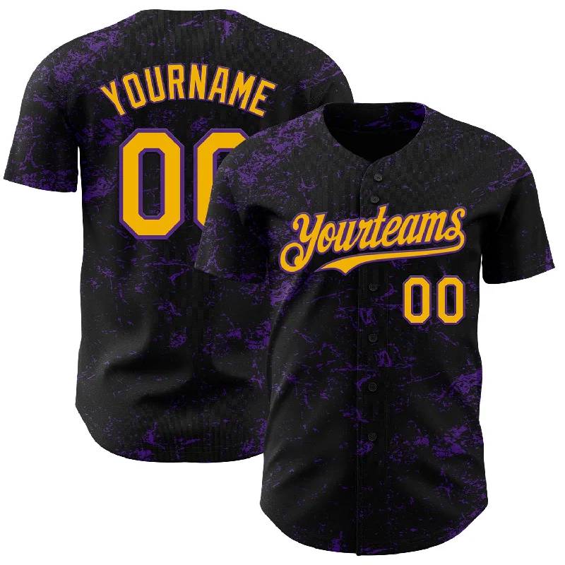 Baseball Jersey With Fleece Lining-Custom Black Gold-Purple 3D Pattern Design Abstract Splatter Texture Authentic Baseball Jersey