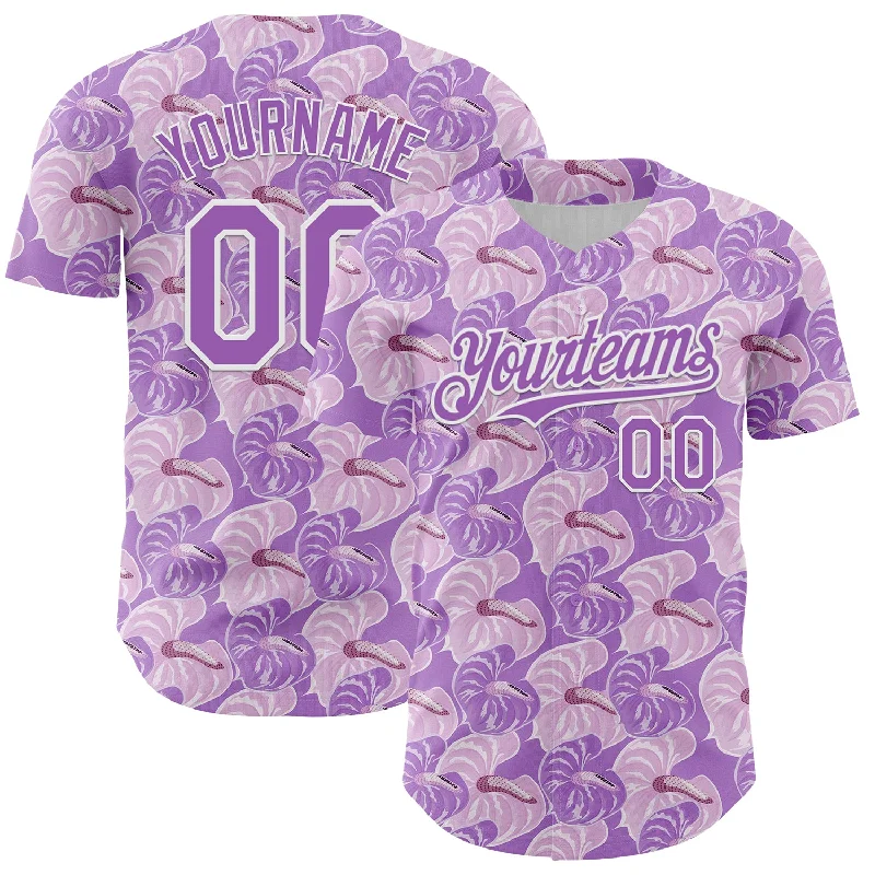 Baseball Jersey For Youth Teams-Custom Light Purple White 3D Pattern Design Tropical Anthurium Flower Authentic Baseball Jersey