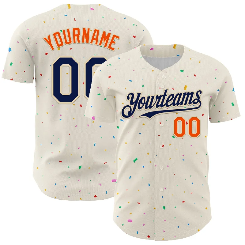 Baseball Jersey With Personalized Embroidery-Custom Cream Navy-Orange 3D Pattern Design Confetti Authentic Baseball Jersey