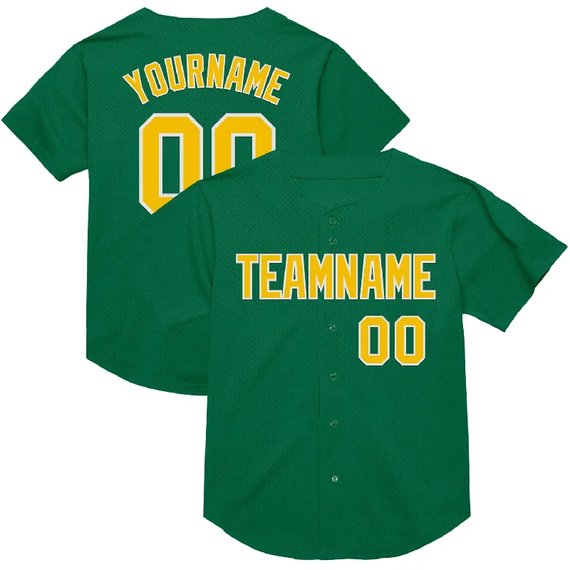 Baseball Jersey With Unique Font Styles-Custom Kelly Green Yellow-White Mesh Authentic Throwback Baseball Jersey