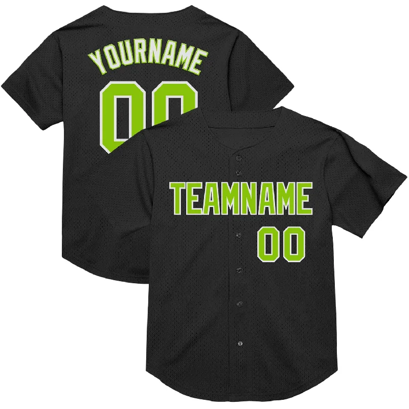 Baseball Jersey For Kids-Custom Black Neon Green-White Mesh Authentic Throwback Baseball Jersey