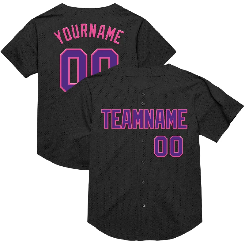 Baseball Jersey With Floral Print-Custom Black Purple-Pink Mesh Authentic Throwback Baseball Jersey