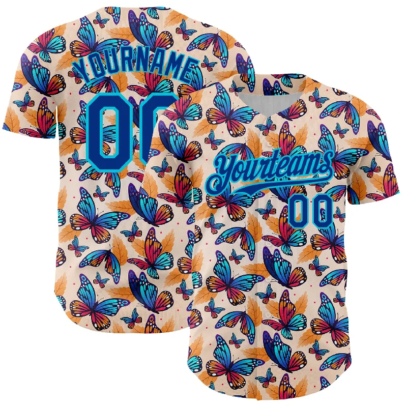 Baseball Jersey With Bold Lettering-Custom Cream Royal-Lakes Blue 3D Pattern Design Animal Butterfly Authentic Baseball Jersey