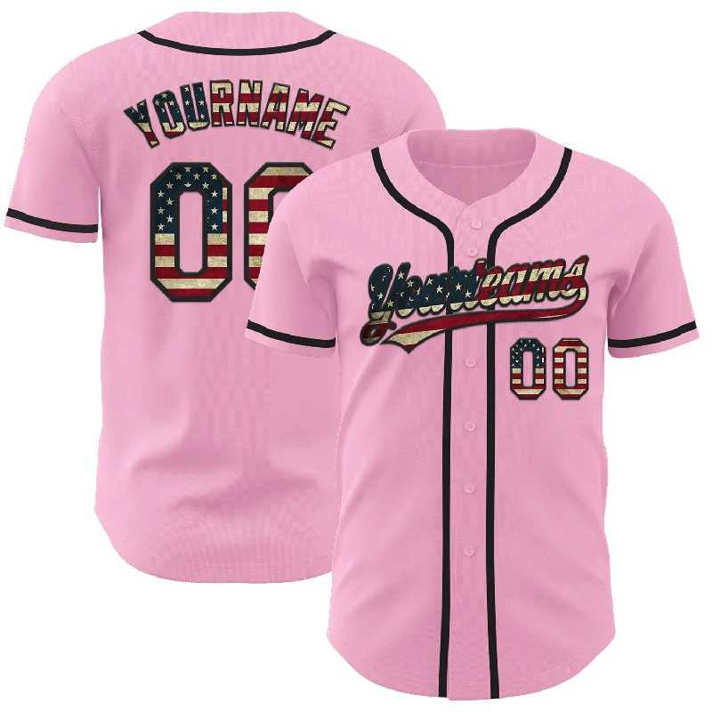 Baseball Jersey With Floral Print-Custom Light Pink Vintage USA Flag-Black Authentic Baseball Jersey