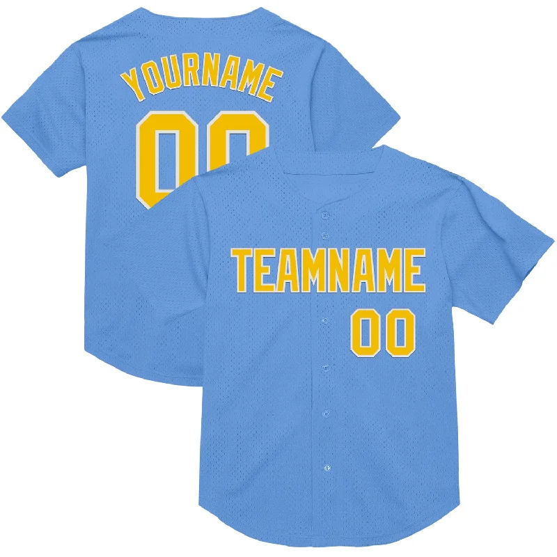 Baseball Jersey For Kids-Custom Light Blue Yellow-White Mesh Authentic Throwback Baseball Jersey