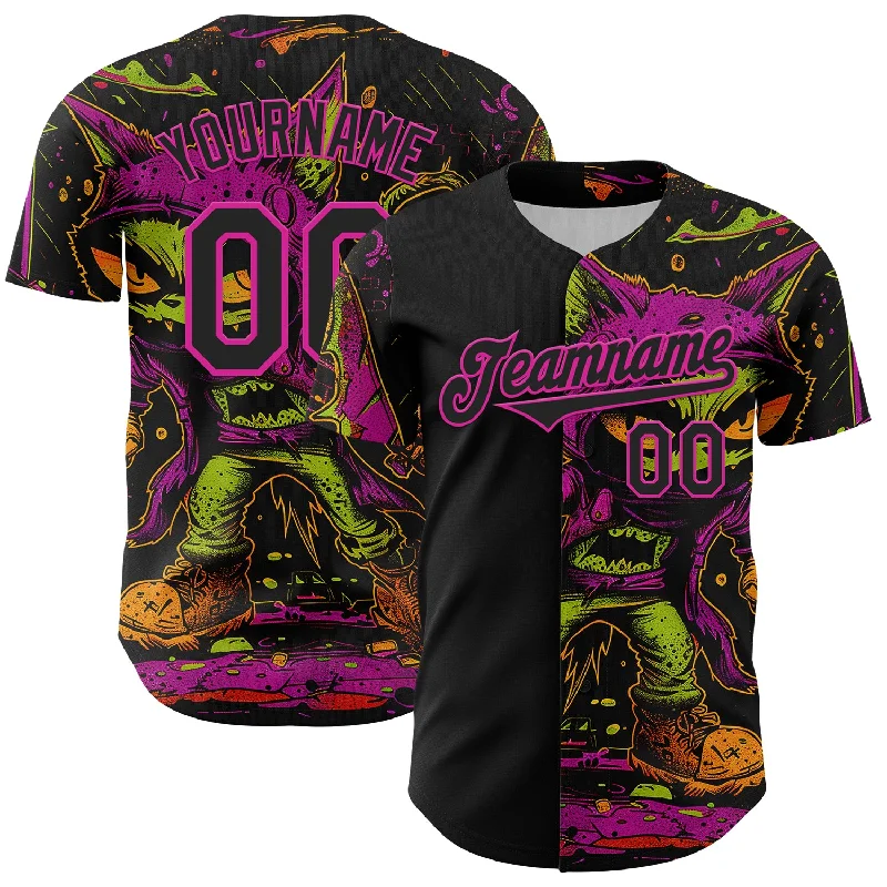 Baseball Jersey With No-Fade Print-Custom Black Deep Pink 3D Pattern Design Rave Monster Authentic Baseball Jersey