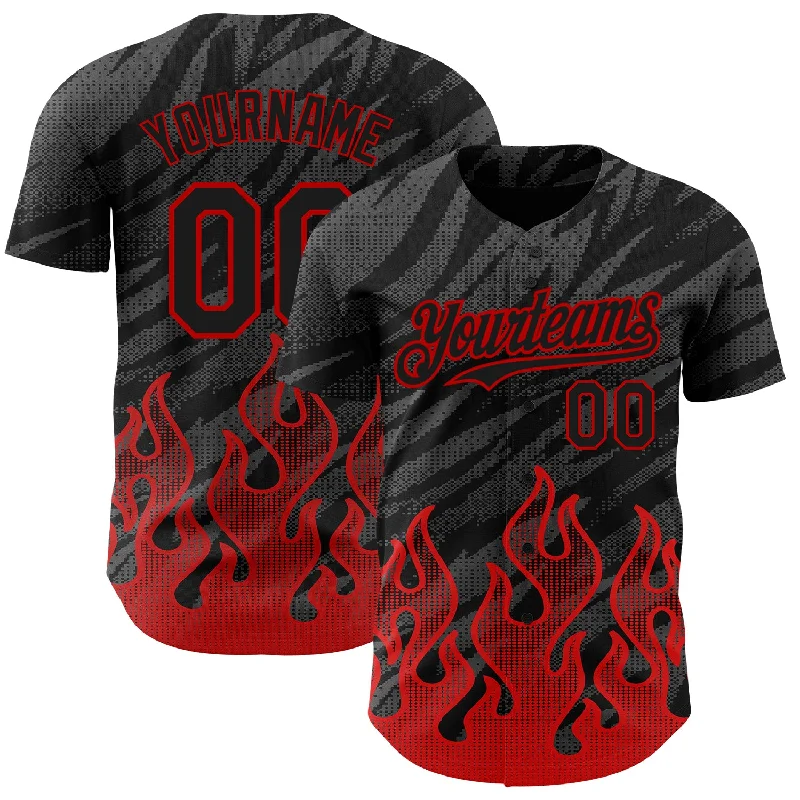 Baseball Jersey With Player Autograph-Custom Black Red 3D Pattern Design Flame Authentic Baseball Jersey