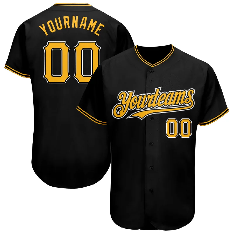 Baseball Jersey With Buttons-Custom Black Gold-White Authentic Baseball Jersey