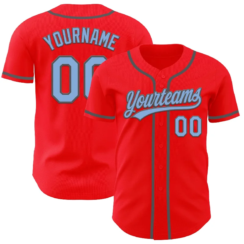 Baseball Jersey With Movie-Inspired Graphics-Custom Fire Red Light Blue-Steel Gray Authentic Baseball Jersey