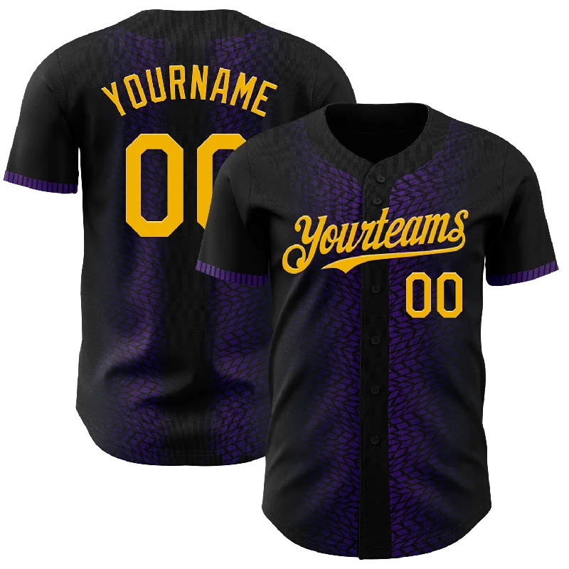 Baseball Jersey With Oversized Sleeves-Custom Black Gold-Purple 3D Pattern Design Geometric Shapes Authentic Baseball Jersey