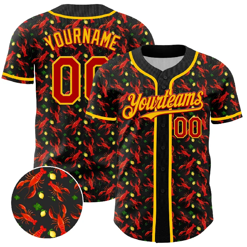 Baseball Jersey With Premium Stitching-Custom Black Red-Yellow 3D Pattern Design Animal Lobster Fruit Lemon Authentic Baseball Jersey