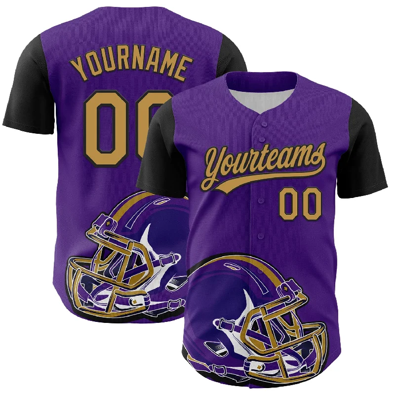 Baseball Jersey With High-Tech Material-Custom Purple Old Gold-Black 3D Pattern Design Football Helmet Authentic Baseball Jersey