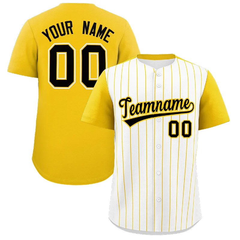 Baseball Jersey With Reflective Details-Custom White Gold Pinstripe Personalized Two-Tone Authentic Baseball Jersey