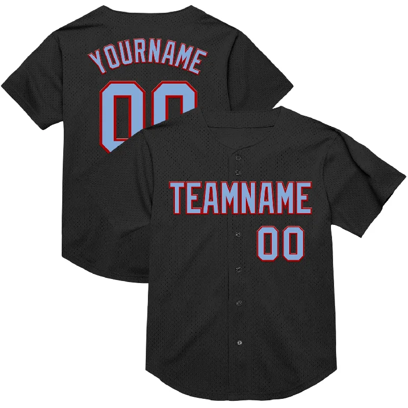 Baseball Jersey With Trendy Oversized Fit-Custom Black Light Blue-Red Mesh Authentic Throwback Baseball Jersey