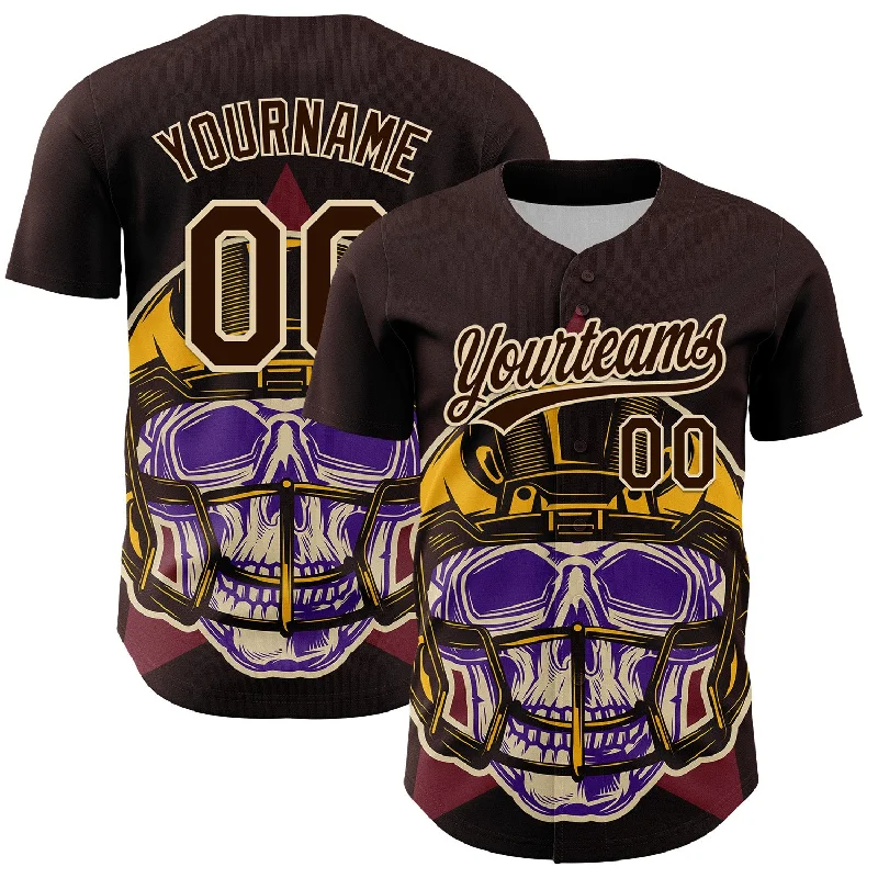 Baseball Jersey With Anime Graphics-Custom Brown Cream 3D Pattern Design Football Skull Helmet Authentic Baseball Jersey