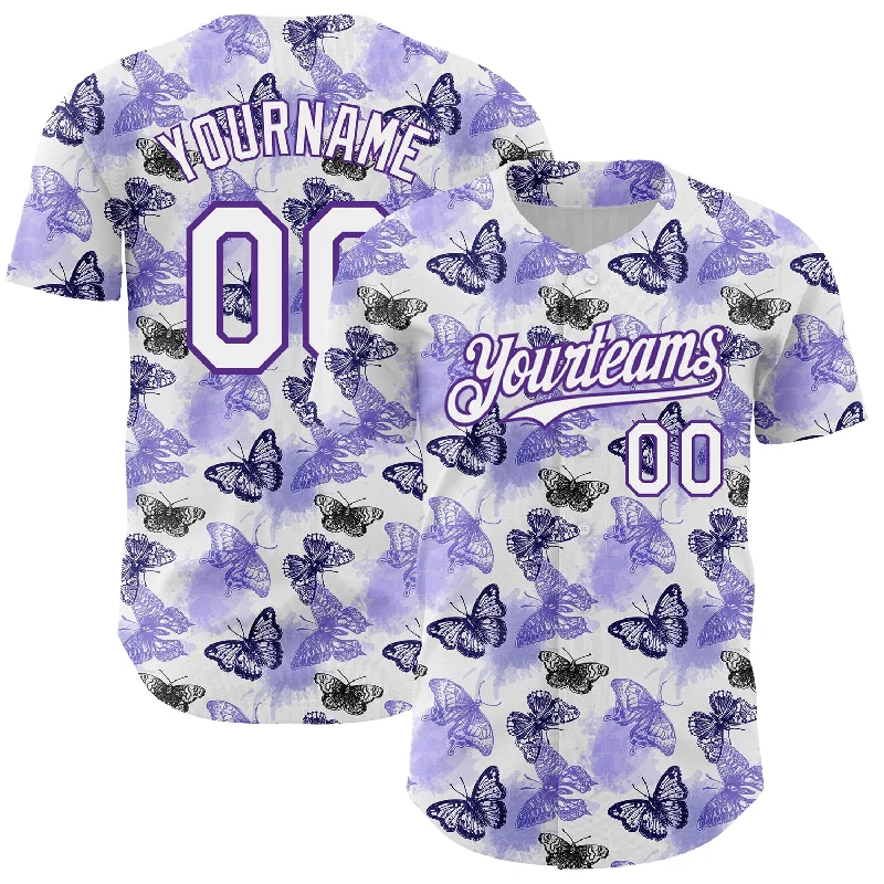 Baseball Jersey With Side Stripes-Custom White Purple 3D Pattern Design Animal Butterfly Authentic Baseball Jersey