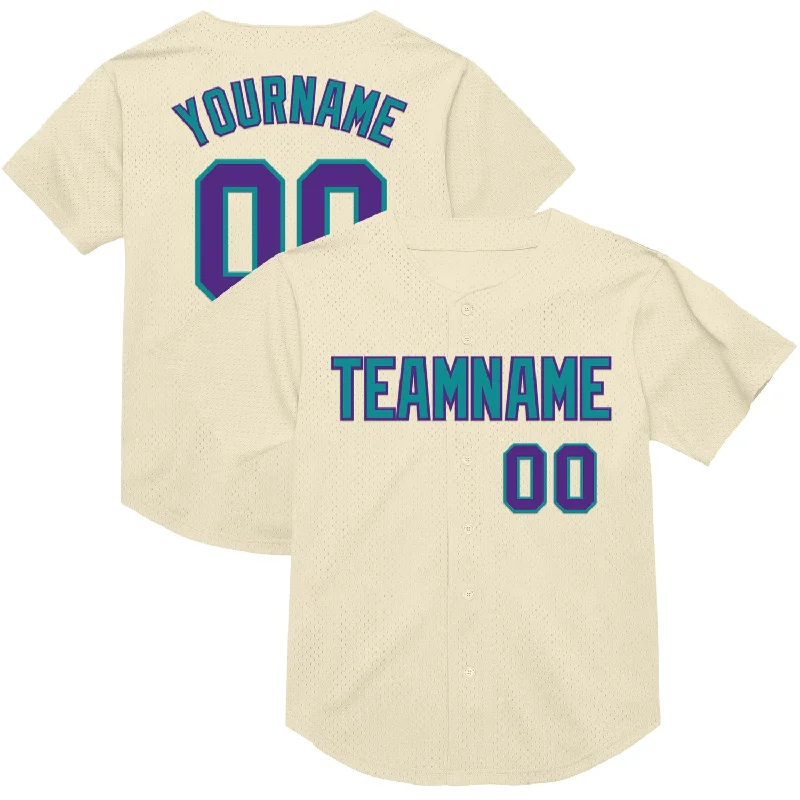 Baseball Jersey For Casual Wear-Custom Cream Purple-Teal Mesh Authentic Throwback Baseball Jersey